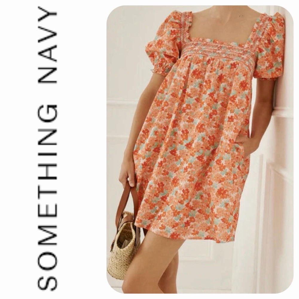 Something Navy Orange Floral Smocked Puff Shoulder Mini Dress S Prairie Babydoll